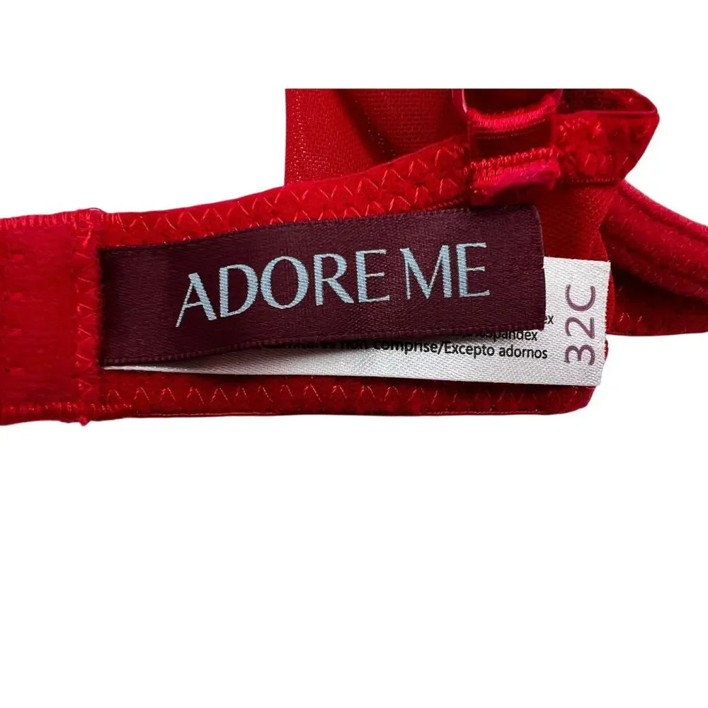 Adore Me Bra Lace Plunge Lightly Padded Underwire Back Closure Red 32C
